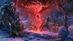 1boy 1girl 4boys absurdres armor axe blonde_hair building copyright_name english_text highres holding holding_axe holding_staff hood magic mask multiple_boys official_art outdoors ritual skull snow staff the_elder_scrolls the_elder_scrolls_online triskelion