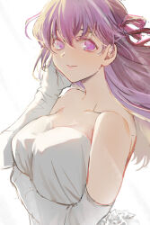 1girl bare_shoulders breasts chinese_commentary cleavage commentary_request dress elbow_gloves fate/stay_night fate_(series) gloves hair_ribbon large_breasts light_rays matou_sakura purple_eyes purple_hair ribbon shiba44469 smile solo strapless strapless_dress upper_body white_dress white_gloves