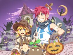 1boy 2girls blonde_hair blue_eyes blue_shirt breasts brown_gloves brown_hat brown_jacket brown_shorts brown_tank_top cloud cokeboy commentary crop_top cross cross_print english_commentary fur-trimmed_sleeves fur_trim gibbet gloves green_eyes gunslinger_(ragnarok_online) halloween hat heterochromia house jack-o&#039;-lantern jacket knifed loli_ruri long_sleeves lude_(ragnarok_online) medium_hair multiple_girls navel on_crescent open_clothes open_jacket outdoors pink_hair purple_sky ragnarok_online red_eyes shirt short_hair shorts sky sleeveless sleeveless_shirt small_breasts super_novice_(ragnarok_online) tank_top tombstone tree two-tone_shirt upper_body white_shirt witch_hat yellow_eyes