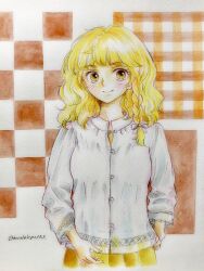 Rule 34 | 1girl, blonde hair, blush, bow, braid, buttons, checkered background, highres, kirisame marisa, long hair, looking past viewer, no headwear, orange background, q-bee (aaru), see-through clothes, shirt, single braid, skirt, smile, solo, touhou, traditional media, two-tone background, white background, white bow, white shirt, yellow eyes, yellow skirt