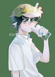 1boy alternate_costume aotu_world baxiaomao black_hair blue_eyes bottle camil_(aotu_world) chromatic_aberration collared_shirt drinking green_background green_hat hair_between_eyes hand_up hat highres holding holding_milk_carton looking_at_viewer male_focus milk_carton pointy_ears sample_watermark shirt short_hair short_sleeves simple_background solo sweat upper_body watermark wet wet_hair white_shirt