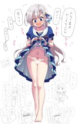 Rule 34 | barefoot, blue dress, blue eyes, bow, bow panties, braid, braided bangs, character request, check character, clothes lift, commentary request, dress, embarrassed, flying sweatdrops, grey hair, heart, highres, hisakawa hayate, hisakawa nagi, idolmaster, idolmaster cinderella girls, lifting own clothes, long hair, navel, open mouth, panties, puffy short sleeves, puffy sleeves, sailor collar, sailor dress, short sleeves, skirt, skirt lift, speech bubble, sweatdrop, t3 (t3only), translation request, underwear, white panties, white sailor collar, wrist cuffs, yumemi riamu