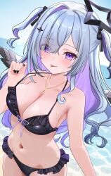 1girl :p absurdres amane_konata beach bikini black_bikini black_halo black_nails blue_hair breasts collarbone colored_inner_hair eyes_visible_through_hair feathered_wings frilled_bikini frills hair_ornament halo highres hololive jewelry long_hair looking_at_viewer multicolored_hair navel necklace purple_eyes purple_hair sidelocks solo swimsuit tongue tongue_out wings ysnhryk