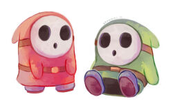 belt belt_buckle blue_footwear brown_belt buckle commentary drawkill green_robe mario_(series) mask nintendo red_robe robe shy_guy signature simple_background sitting standing symbol-only_commentary white_background