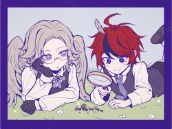 Rule 34 | 2boys, absurdres, ahoge, ant, aotsuki eito, black gloves, black shoes, black streaks, black vest, blue eyes, border, bow, bowtie, bug, chinese commentary, collared shirt, feathered wings, feathers, glasses, gloves, grey bow, grey bowtie, grey eyes, grey feathers, grey hair, grey necktie, head rest, highres, holding, holding magnifying glass, insect, looking at animal, lying, magnifying glass, male focus, mizongwenwu, multicolored hair, multiple boys, necktie, on ground, on stomach, purple border, red hair, shirt, shoes, short hair, streaked hair, sumino takumi, the hundred line -last defense academy-, vest, white shirt, wings