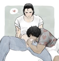 2boys absurdres billy_coen black_hair blush carlos_oliveira daggerarcadia dark_skin denim fellatio floral_shirt highres jeans mullet multiple_boys oral pale_skin pants pubic_hair resident_evil resident_evil_0 resident_evil_3:_nemesis resident_evil_3_(remake) shaggy_hair shirt shorts tattoo white_shirt white_shorts yaoi