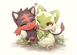 artist_name closed_eyes creatures_(company) draggincat game_freak gen_7_pokemon grass heart litten nintendo no_humans one_eye_closed open_mouth pokemon pokemon_(creature) simple_background sprigatito watermark