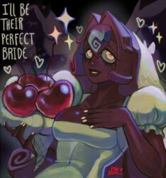 absurdres black_forest_cookie bouquet bridal_veil cherry cookie_run cookie_run:_kingdom cross-shaped_pupils dark-skinned_female dark_skin dress flower food fruit highres holding holding_bouquet pangloss_arte symbol-shaped_pupils veil wedding_dress white_eyes white_nails white_veil