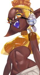 +_+ 1girl :d absurdres asymmetrical_hair blonde_hair breasts colored_eyelashes colored_skin colored_tongue crop_top cross-shaped_pupils dark-skinned_female dark_skin earrings fangs food forehead frye_(splatoon) gradient_hair groin highres jewelry large_breasts looking_at_viewer makeup medium_breasts midriff multicolored_hair multicolored_skin multiple_earrings navel nintendo open_mouth pants pointy_ears racdy99 see-through_clothes shirt sleeveless smile solo splatoon_(series) splatoon_3 sweater symbol-shaped_pupils teeth tentacle_hair turtleneck two-tone_hair underboob very_dark_skin white_pants yellow_eyes yellow_shirt