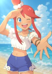 Rule 34 | 1girl, ;d, arm up, blue eyes, blue shorts, cloud, commentary request, cowboy shot, day, hair ornament, happy, highres, nakikot t, navel, nintendo, off-shoulder shirt, off shoulder, official alternate costume, one eye closed, one side up, open mouth, outdoors, pokemon, pokemon masters ex, red hair, sand, shirt, shore, shorts, sidelocks, sky, skyla (pokemon), skyla (summer 2025) (pokemon), smile, solo, spread fingers, teeth, upper teeth only, water, white shirt