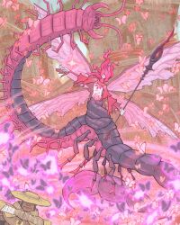 1boy 1girl absurdres arm_up arthropod_girl bibuo boss_fight bug butterfly centipede centipede_girl closed_mouth commentary_request dryleaf_dane elden_ring elden_ring:_shadow_of_the_erdtree glaive_(polearm) highres holding holding_polearm holding_weapon insect insect_wings multiple_tails pink_butterfly polearm romina_saint_of_the_bud smile tail weapon wings