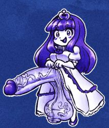 1futa blue_background blush_stickers clothes_lift dress dress_lift frilled_dress frills futanari gloves hime_cut huge_penis long_hair looking_at_viewer mamotte_knight open_mouth outline penis princess_lola puffy_short_sleeves puffy_sleeves purple_eyes purple_hair purple_heels short_sleeves smile solo testicles thatartistann tiara veins veiny_penis veiny_testicles white_dress white_gloves white_outline