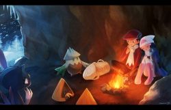 1boy 1girl black_border black_hair black_pants blue_jacket boots border cave creatures_(company) dawn_(pokemon) dress finger_to_mouth game_freak gen_2_pokemon gen_3_pokemon gen_4_pokemon hat highres index_finger_raised jacket knee_boots letter letterboxed long_hair long_sleeves lucas_(pokemon) night nintendo pants pink_boots poke_ball_print pokemon pokemon_dppt pokemon_platinum print_headwear red_dress red_headwear red_shirt sawarabi_(sawarabi725) shirt short_dress short_hair shushing sneasel snorunt snover snowing thighhighs twitter_username white_headwear white_thighhighs zettai_ryouiki