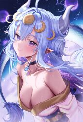 1girl absurdres ahoge bare_shoulders black_choker blue_gemstone blue_hair breasts by_mirin choker cleavage collarbone commentary commission constellation crescent crescent_hair_ornament double-parted_bangs dragon_girl dragon_horns dragon_tail english_commentary gem hair_ornament heart heart_ahoge highres horns indie_virtual_youtuber japanese_clothes kimono large_breasts long_hair obi off_shoulder pendant_choker pointy_ears purple_eyes rumihime sash sidelocks solo tail upper_body virtual_youtuber white_kimono