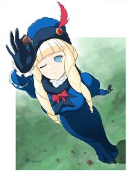1girl acorn black_boots black_gloves blonde_hair blue_dress blue_eyes boots bow breasts brooch cosplay dianna_soreil dress drill_hair feathers frills gloves gundam hat hat_feather jewelry kihel_heim large_breasts mitsutsu322 one_eye_closed red_bow smile turn_a_gundam