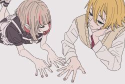 1boy 1girl black_dress blonde_hair brown_hair chest_harness closed_eyes closed_mouth colored_inner_hair dress green_eyes hand_on_own_cheek hand_on_own_face harness kamatama_rom long_sleeves looking_at_another lying makaino_ririmu makaino_ririmu_(5th_costume) multicolored_hair necktie nijisanji official_alternate_costume on_stomach open_mouth pink_hair red_necktie school_uniform shirt short_hair simple_background smile sweater_vest two-tone_hair uzuki_kou uzuki_kou_(3rd_costume) virtual_youtuber white_background white_shirt yellow_sweater_vest