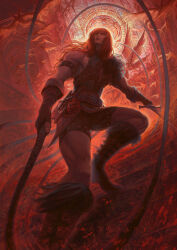 1boy aleksi_remes artist_name boots castlevania_(series) commentary fingerless_gloves fur-trimmed_boots fur_trim gloves highres holding holding_sword holding_weapon long_hair on_stairs simon_belmont solo sword weapon whip