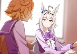 2girls ahoge animal_ears blue_eyes bow bowtie commentary_request flipped_hair grey_hair hair_ornament highres horse_ears horse_girl indoors light_smile long_hair multiple_girls nanaheibei_3 oguri_cap_(umamusume) orange_hair purple_shirt sailor_collar sailor_shirt school_uniform shirt short_hair t.m._opera_o_(umamusume) tracen_school_uniform umamusume white_bow white_bowtie winter_uniform wooden_chair