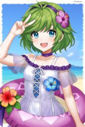 1girl absurdres blue_eyes blush dinjo fire_emblem fire_emblem:_the_blazing_blade fire_emblem_heroes green_hair hair_ornament highres looking_at_viewer nino_(fire_emblem) nino_(summer)_(fire_emblem) nintendo official_alternate_costume one-piece_swimsuit open_mouth short_hair smile solo swimsuit white_one-piece_swimsuit