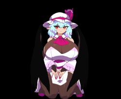 1futa adapted_costume animated animated_gif ascot bat_wings blue_hair bouncing_breasts breasts bridal_gauntlets bulge cleavage curvy dress futanari hat hat_ribbon huge_breasts implied_futanari looking_around medium_hair mob_cap namako_daibakuhatsu pink_hat red_ascot red_eyes red_ribbon remilia_scarlet ribbon see-through_clothes short_hair slit_pupils solo thick_thighs thighhighs thighs touhou white_dress wide_hips wings