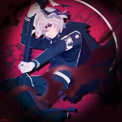 1boy aotsuki_eito armband glasses holding holding_scythe holding_weapon last_defense_academy_school_uniform long_sleeves looking_at_viewer male_focus pink_eyes red_background scythe simple_background solo solo_focus the_hundred_line_-last_defense_academy- weapon white_hair
