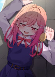 Rule 34 | 1girl, absurdres, aged down, ahoge, akuame (ring3922), blue dress, bow, bowtie, collared shirt, colored inner hair, cosplay, crime prevention buzzer, crime prevention buzzer threat, dress, gradient hair, hair ornament, hairclip, highres, hololive, hololive dev is, ichijou ririka, long hair, long sleeves, looking at viewer, multicolored hair, open mouth, orange hair, pinafore dress, pink hair, pleated dress, red bow, red bowtie, school uniform, shadow, shigure ui (vtuber), shigure ui (vtuber) (cosplay), shigure ui (vtuber) (young), shirt, shukusei!! loli-kami requiem, sleeveless, sleeveless dress, smile, solo, solo focus, swept bangs, teeth, virtual youtuber, white shirt