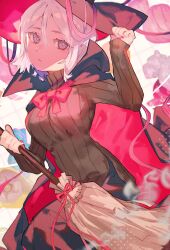 Rule 34 | 1girl, absurdres, alternate costume, black cape, black hat, black pants, blue eyes, bow, breasts, broom, brown sweater, candy, cape, closed mouth, faust (project moon), food, hamelon310, hat, highres, holding, holding broom, limbus company, long sleeves, looking at viewer, pants, pink bow, project moon, short hair, simple background, solo, sweater, upper body, white background, white hair, witch hat