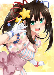 Rule 34 | 1girl, :d, alternate hairstyle, bad id, bad pixiv id, blush, bracelet, brown hair, cosplay, female focus, gloves, green eyes, hair ornament, hair ribbon, highres, idolmaster, idolmaster cinderella girls, jewelry, m/, moroboshi ataru (cosplay), moroboshi kirari, moroboshi kirari (cosplay), open mouth, paopao, polka dot, puffy sleeves, ribbon, shibuya rin, short sleeves, smile, solo, star (symbol), star hair ornament, striped, tears, twintails, vertical stripes