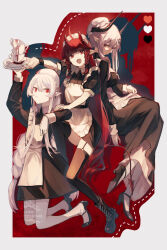 3girls alternate_costume apron arknights black_boots black_dress black_horns black_shoes black_thighhighs boots braid breasts closed_mouth commentary_request cup demon_girl demon_horns demon_tail double-parted_bangs dress drinking_glass earrings enmaided frilled_apron frilled_headwear frills full_body garter_straps hair_ornament hammer hand_on_own_hip hat hemorina highres holding holding_hammer holding_plate horns jewelry large_breasts light_smile long_dress long_hair long_sidelocks looking_at_viewer maid maid_apron maid_day maid_headdress medium_hair mob_cap mudrock_(arknights) multiple_girls on_chair open_mouth plate plate_stack pointy_ears puffy_short_sleeves puffy_sleeves red_background red_eyes red_hair red_horns red_tail rocks_glass shoes short_sleeves sidelocks sideways_glance sitting small_breasts solo strappy_heels table tail thighhighs twin_braids very_long_hair vigna_(arknights) warfarin_(arknights) white_apron white_hair white_sleeve_cuffs