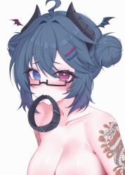1girl absurdres ahoge animal_collar arm_tattoo aruna_reaver bare_shoulders black_collar black_horns blue_eyes blush breasts cleavage collar collarbone demon_horns glasses grey_hair hair_bun hair_ornament hairpin head_wings highres horns indie_virtual_youtuber mouth_hold pink_eyes rectangular_eyewear second-party_source snake_tattoo tattoo upper_body virtual_youtuber wings zxcsque