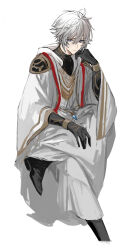 Rule 34 | 1boy, absurdres, black gloves, black shirt, black shoes, blue eyes, closed mouth, crossed legs, eyelashes, figure four sitting, gloves, granblue fantasy, hair between eyes, highres, invisible chair, long sleeves, looking to the side, lucilius (granblue fantasy), male focus, robe, shirt, shoes, short hair, sideways glance, simple background, sitting, udgg093577, white background, white hair, white robe, wide sleeves