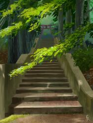 forest green_theme highres leaf makoto_bga moss nature no_humans original outdoors plant scenery signature stairs stone_stairs torii tree