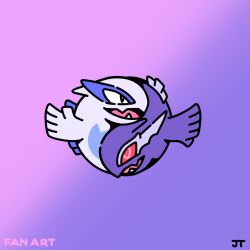 black_eyes bright_pupils commentary creatures_(company) fang game_freak gen_2_pokemon gradient_background highres james_turner legendary_pokemon lugia nintendo no_humans open_mouth pokemon pokemon_(creature) purple_background rotational_symmetry shadow_lugia signature skin_fang white_pupils yin_yang