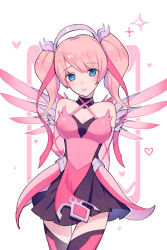 1girl alternate_hairstyle arms_behind_back bad_id bad_pixiv_id bare_shoulders blonde_hair blue_eyes bodysuit breasts cleavage cowboy_shot criss-cross_halter dress elbow_gloves ennn female_focus gloves hair_ribbon halo halterneck heart highres looking_at_viewer mechanical_halo mechanical_wings medium_breasts medium_hair mercy_(overwatch) miniskirt official_alternate_costume overwatch overwatch_1 parted_lips pelvic_curtain pink_dress pink_gloves pink_mercy pink_ribbon pink_skirt pink_thighhighs pink_wings pleated_skirt ribbon simple_background skirt smile solo spread_wings thigh_gap thighhighs twintails white_background wings