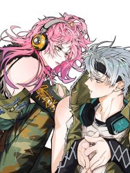 1boy 1girl alien_stage alternate_costume bad_id bad_twitter_id black_headband camouflage camouflage_pants detached_sleeves green_eyes green_jacket green_pants green_tank_top grey_hair headband headphones headphones_around_neck highres jacket lace-up_sleeves long_hair mizi_(alien_stage) nyugi0v0 own_hands_together pants pink_hair short_hair sleeveless sleeveless_jacket tank_top till_(alien_stage) yellow_eyes