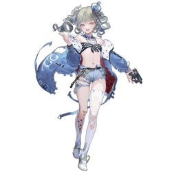 1girl arm_up asymmetrical_footwear asymmetrical_legwear bare_shoulders belt black_tank_top blue_eyes blue_hair blue_jacket blush boots breasts crop_top crown denim denim_shorts drill_hair drill_sidelocks full_body fur-trimmed_jacket fur_trim girls&#039;_frontline grey_hair gun hair_ornament hairclip handgun heterochromia holding holding_gun holding_weapon jacket jewelry looking_at_viewer medium_hair multicolored_hair navel navel_piercing necklace official_art open_clothes open_jacket open_mouth orange_eyes patch piercing reeh_(yukuri130) shorts sidelocks simple_background small_breasts solo standing streaked_hair tank_top thigh_boots thighhighs transparent_background trigger_discipline weapon white_boots zip.22_(girls&#039;_frontline) zip_22