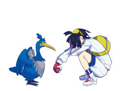 1boy ahoge black_hair blue_socks buckle commentary_request cramorant creatures_(company) from_side game_freak gen_8_pokemon gloves hairband jacket kieran_(pokemon) long_sleeves male_focus mono96souko nintendo partially_fingerless_gloves pokemon pokemon_(creature) pokemon_sv red_gloves shoes shorts simple_background socks squatting white_background white_jacket white_shoes white_shorts yellow_bag yellow_hairband zipper_pull_tab