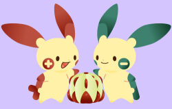 :d animal_focus closed_mouth creatures_(company) food fruit full_body game_freak gen_3_pokemon grey_background kyou_(karankoron) liechi_berry lowres minun minus_sign nintendo no_humans open_mouth plus_sign plusle pokemon pokemon_(creature) pokemon_focus simple_background smile standing