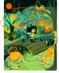 2girls animal_ears bandaged_arm bandages bare_tree bat_(animal) bird black_eyes black_footwear black_gloves black_hair blue_shirt blue_shorts boots bridge brown_footwear brown_hair cabbie_hat castle cloud cobblestone colored_sclera commentary egg english_commentary fire forked_tongue frown full_body full_moon gift_art gloves hair_lift hat holding_another&#039;s_wrist house lizard looking_at_another moon multiple_girls nest night night_sky open_mouth original outstretched_arm path pom_pom_(clothes) rabbit_ears red_headwear red_moon red_sclera river road running shirt short_sleeves shorts sidelocks skull sky sleeveless sleeveless_shirt slit_pupils smile temmie_chang tongue tree turtleneck v white_shirt window yellow_sclera