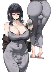 1futa absurdres arm_behind_back armpit_crease ass bag bare_shoulders black_bra black_cardigan black_hair black_mask blunt_bangs blush bra bra_peek breasts bulge cardigan cleavage collarbone commentary covered_navel covered_penis covered_testicles cowboy_shot cup d_(killer_wife)_(nikke) d_(nikke) disposable_coffee_cup disposable_cup dongtan_dress dress drinking_straw english_commentary from_behind futanari goddess_of_victory:_nikke grey_dress grey_slippers hand_up handbag heart heart_necklace heel_up highres holding holding_cup huge_breasts jewelry large_breasts long_dress long_hair long_sleeves looking_at_viewer lower_body mask mask_pull meme_attire mouth_mask multiple_views necklace off_shoulder official_alternate_costume paid_reward_available pantylines parted_lips pencil_dress pink_eyes shoulder_bag simple_background sleeveless sleeveless_dress slippers soles standing testicles tight_clothes tight_dress underwear white_background wujack