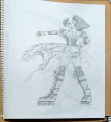 1girl armor armored_skirt bare_back bare_shoulders detached_sleeves elbow_pads fighting_vipers fingerless_gloves gloves grace_(fighting_vipers) helmet knee_pads monochrome ponytail real_life roller_skates sega skates sketch sketchbook snake thumbs_down traditional_media wavy_hair youichikuroda