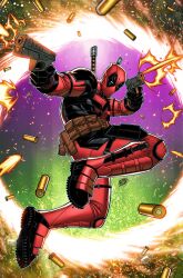 1boy artist_name black_bodysuit bodysuit deadpool deadpool_&amp;_wolverine deadpool_(series) dual_wielding full_body gun handgun highres holding holding_gun holding_weapon israel_silva male_focus marvel marvel_cinematic_universe red_bodysuit shell_casing signature solo superhero_costume two-tone_bodysuit weapon