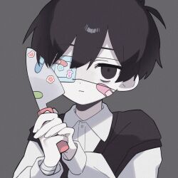 Rule 34 | 1boy, absurdres, alternate sleeve length, antenna hair, bandaid, bandaid on face, black eyes, black hair, black sweater vest, closed mouth, collared shirt, grey background, highres, holding, holding knife, knife, long sleeves, looking at viewer, male focus, mqd0rl, omori, shirt, short hair, simple background, solo, spoilers, sticker, sunny (omori), sweater vest, upper body, white shirt