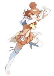 Rule 34 | 1girl, absurdres, ascot, bag bow, boots, bow, bowtie, brooch, clenched hand, closed mouth, commentary request, cure sunny, detached sleeves, feather-trimmed sleeves, floating hair, footwear ribbon, full body, hair bun, happy, high heel boots, high heels, highres, hino akane (smile precure!), jewelry, leg up, long sleeves, looking at viewer, magical girl, miniskirt, morgue (southsakura), orange bow, orange bowtie, orange eyes, orange hair, orange ribbon, orange shorts, orange skirt, orange wrist cuffs, outstretched hand, pink bow, pleated skirt, precure, ribbon, running, short hair, short sleeves, shorts, simple background, single hair bun, single stripe, skirt, smile, smile precure!, solo, striped bow, swept bangs, thigh boots, train (clothing), waist bag, white background, white bag, white boots, white sleeves, wrist cuffs, yellow ascot