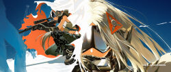 1girl aiming black_blindfold black_gloves blindfold blonde_hair blue_sky covered_eyes eye_mask gloves gun hair_ornament harmonica highres instrument long_hair multiple_views official_art parted_bangs ponytail rifle sky sniper_rifle solo trigger_(zenless_zone_zero) weapon zenless_zone_zero