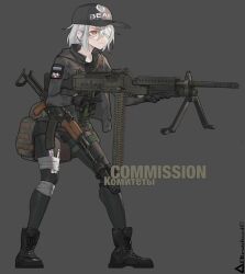 1girl akm assault_rifle baseball_cap bipod black_gloves black_hat black_shirt black_shorts commission fn_mag folding_screen gloves grey_background grey_jacket gun hair_over_eyes hat highres jacket kalashnikov_rifle military_combat_uniform military_uniform obsidian117 orange_hair original rifle russian_flag serious shirt shorts solo suppressor watermark weapon white_hair