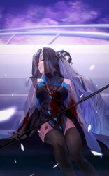 1girl absurdres black_dress black_gloves black_thighhighs black_veil blood_from_forehead blood blood_from_mouth blood_on_clothes blood_on_face blue_eyes blue_lips braid breasts buyaozaoqi capelet clothing_cutout crown dress fate/grand_order fate_(series) gloves grey_hair highres holding holding_staff large_breasts long_hair long_sleeves looking_to_the_side morgan_le_fay_(fate) morgan_le_fay_(queen_of_winter)_(fate) multicolored_capelet ponytail purple_sky sitting sky solo staff stomach_cutout thighhighs two-tone_dress veil very_long_hair