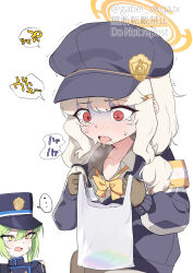... 1girl absurdres aoba_(blue_archive) bag blue_archive blush bow bowtie cabbie_hat commentary_request halo hat highres long_hair mochini nose_blush nozomi_(blue_archive) open_mouth plastic_bag red_eyes solo_focus vomiting_rainbows white_background white_hair yellow_bow yellow_bowtie yellow_eyes yellow_halo