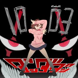@_(symbol) absurdres an_bianxian ankle_socks artist_name ayase_momo bad_tag blue_skirt bow breasts brown_hair brown_shoes collared_shirt commentary_request copyright_name crossed_bangs dandadan dated_commentary double-parted_bangs dress_shoes earrings extra_teeth full_body hair_between_eyes highres jewelry kami_high_school_uniform legs_apart loafers long_bangs looking_at_viewer mark_under_both_eyes medium_breasts medium_hair microskirt nostrils official_art open_mouth penny_loafers pink_eyes pink_sleeve_cuffs pink_sleeves pink_sweater pleated_skirt promotional_art red_bow red_eyes red_pupils school_uniform science_saru second-party_source shirt shoes skirt sleeve_cuffs socks sweater takakura_ken_(dandadan) takakura_ken_(transformed)_(dandadan) teeth tube_socks white_socks wing_collar