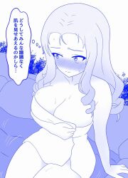 Rule 34 | 1girl, averting eyes, bath, blue theme, blush, breasts, cleavage, commentary, covering breasts, covering privates, drill hair, girls und panzer, large breasts, long hair, marie (girls und panzer), monochrome, motion lines, naked towel, ofuro, shira14, sitting, solo, sweatdrop, towel, translated